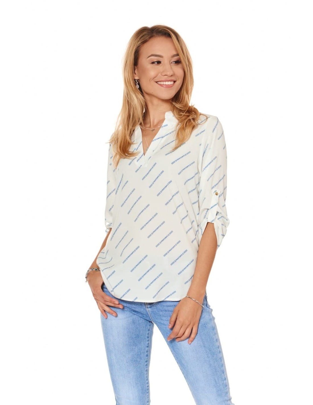 Airy patterned shirt blouse, cream and blue 0493 - Online store - Boutique